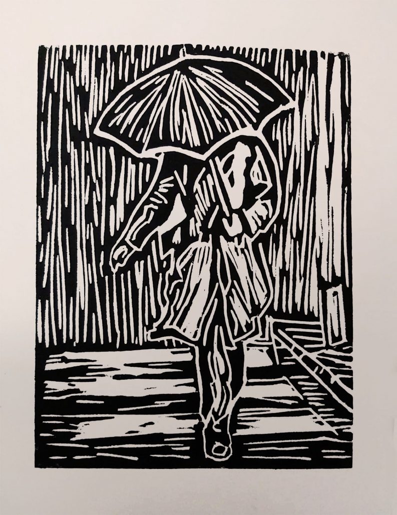 Linograbado 05 AMPARO Mujer Con Paraguas 1