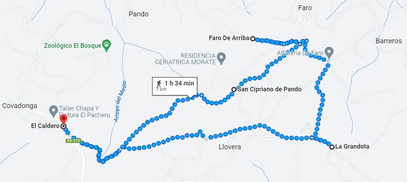 RUTA El Caldero-La Grandota-Faro-S Cipriano de Pando-mapa