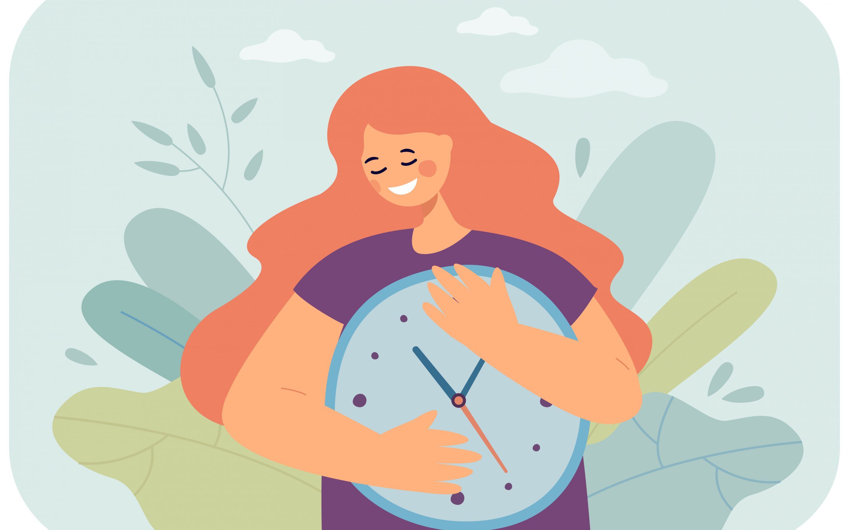 Happy girl hugging clock flat vector illustration