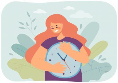 Happy girl hugging clock flat vector illustration