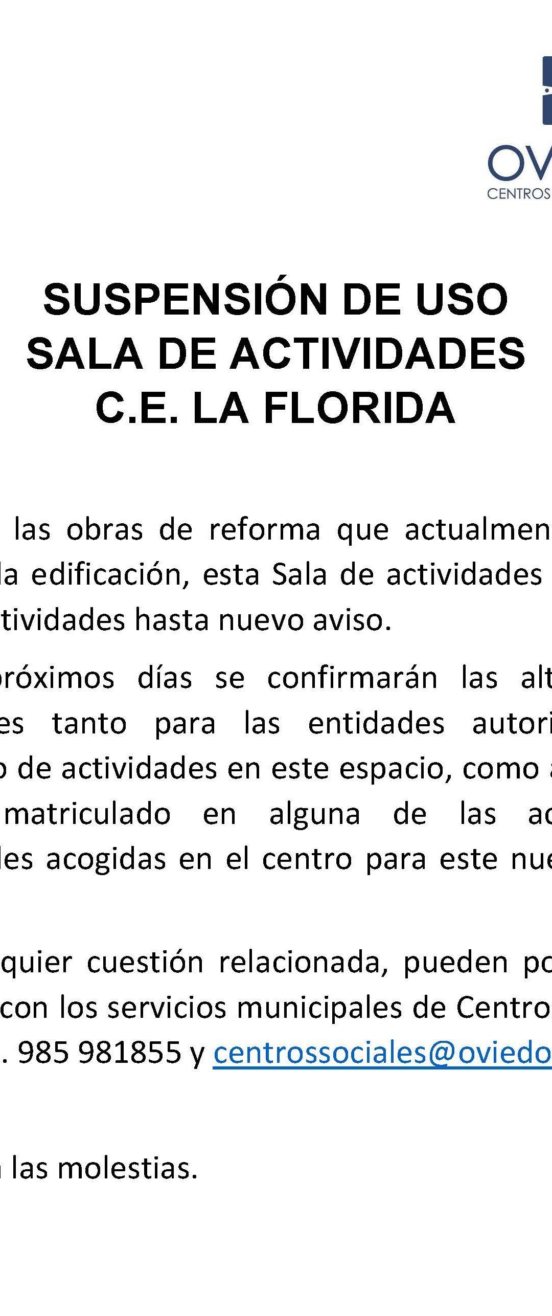 SUSPENSIÓN DE USO SALA DE ACTIVIDADES C.E. LA FLORIDA